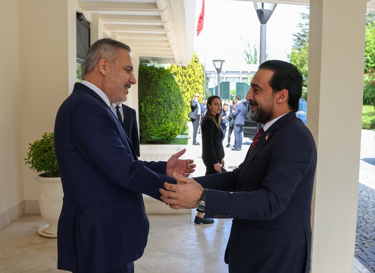 İki takım elbiseli adam dış mekanda birbirini selamlarken gülümsüyor. Arka planda yeşillik ve insanlar var.